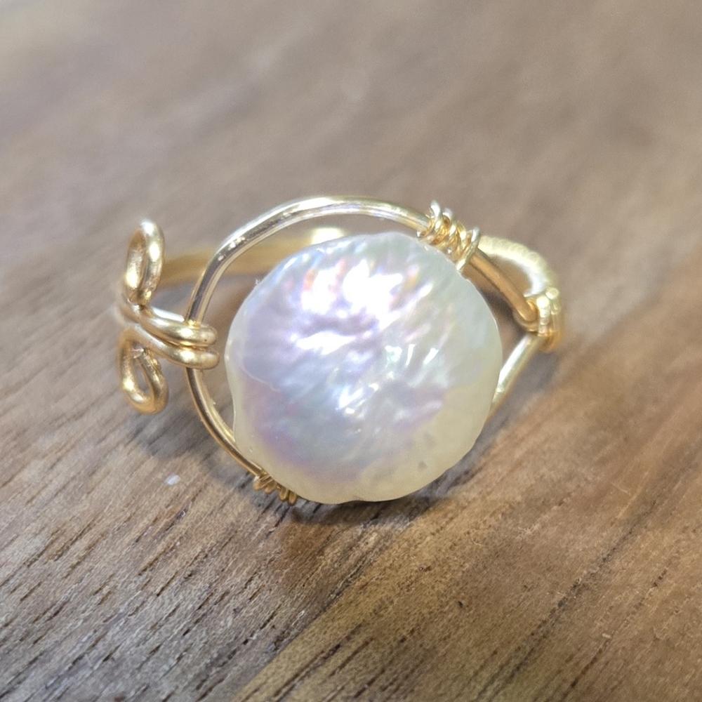Gold Wire Wrapped Pearl Ring - Picture 3 of 6